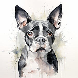 Detailed Watercolor Painting Of Boston Terrier With Graphic Illustration Style