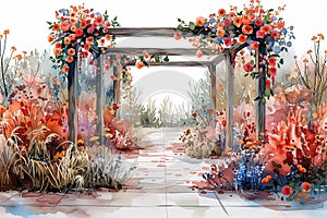 A detailed watercolor painting depicting a garden filled with colorful flowers in full bloom