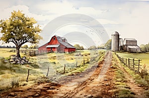 Detailed Watercolor Painting Of A Farm And Dirt Road