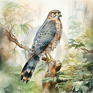 Detailed Watercolor Painting Of A Hawk In The Forest photo