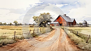 Detailed Watercolor Painting Of Rural American Road With Red Barn