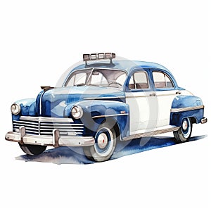 Detailed Watercolor Police Car Clipart With White Background