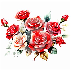 A Detailed Watercolor Portrait of Red Roses Blossoming Against a Serene White Background