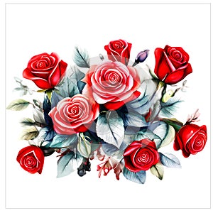 A Detailed Watercolor Portrait of Red Roses Blossoming Against a Serene White Background