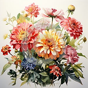 Detailed Watercolor Zinnia Bouquet: Naturalistic Botanical Art