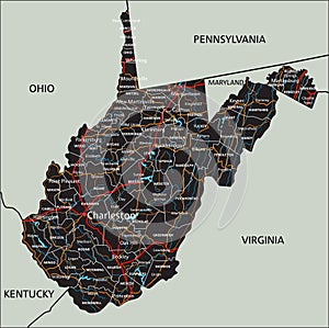 Detailed West Virginia road map with labeling.