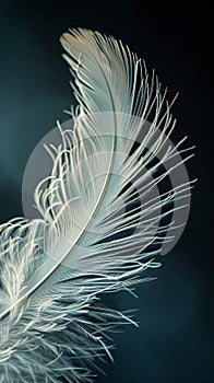 Detailed white bird feather on dark background photo