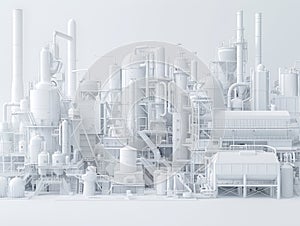 Detailed White Monochrome Model of Industrial Plant with Pipes and Tanks for Background or Concept