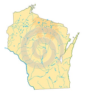 Detailed Wisconsin physical map.