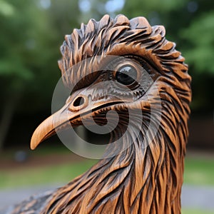 Detailed Wood Sculpture: Brown Bird With Bright Yellow Face