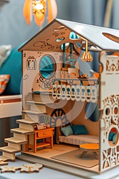 Detailed wooden dollhouse with furniture and decorations