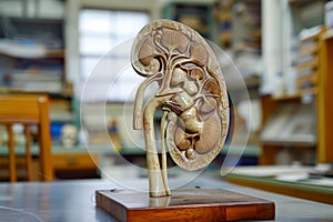 Detailed Wooden Human Ear Anatomy Model on Desk with Workshop Background for Medical Education Purpose