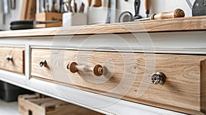 A detailed workbench in a woodworking workshop with various tools.