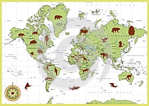 Detailed World Map with Animals