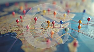 A detailed world map with colorful pins marking various locations, symbolizing global connectivity and travel destinations
