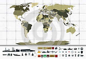 Detailed World Map and Military Power Icon Set