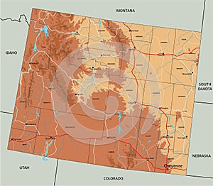 Detailed Wyoming physical map with labeling.