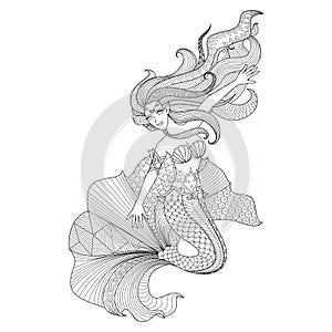 Detailed zentangle mermaid for coloring page