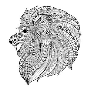 Detailed zentangle stylized lion for T shirt graphic, coloring book pages for adult, cards, tattoo and so on