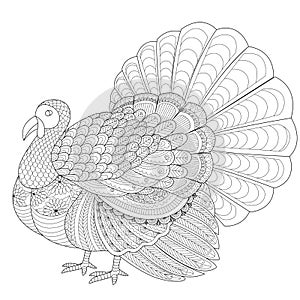 Detailed zentangle turkey for coloring page for adult