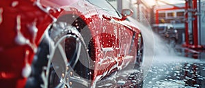 The Detailer at a Professional Vehicle Detailing Shop Washing Away Smart Soap and Foam with High Pressure Water. Close photo