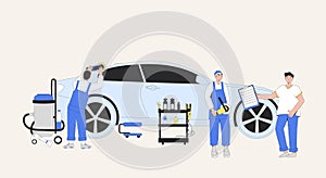 Detailing auto process. Polish car concept. Garage service team. Repair body. Remove scratch on vehicle. Workers with manager