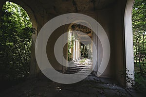 Details from the abandoned and vandalised ruin of a theatre