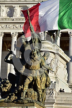 Details of Altair of the Fatherland, Rome Italy - Soldiers fight with Italian flag on the back