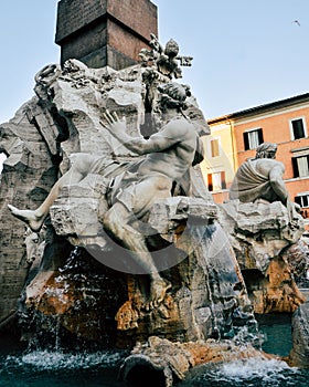 Details of ancient fountain of& x22;Four Rivers& x22;, showing the river god Ganges, Piazza Navona, Rome