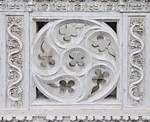 Details of antique carved balcony decoration