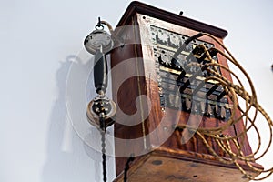 Details of the antique telephone set made of wood