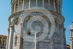 Details of the arches of the Leaning Tower of Pisa in Tuscany, Italy