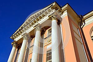 Details of architecture of c ancient church of St. Barbara after repair. Varvarka street, Moscow