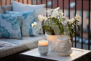 Details of balcony or terrace interior design. Rattan chair with pillows, table with potted plants and decorations