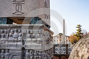 Details of the bas relief of the pedestal of Theodosius Obelisk and Walled Obelisk in Istanbul, Turkey
