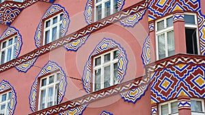 Details of beautiful building of former Cooperative Bank, sunny day, Ljubljana, Slovenia