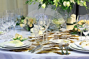 Details of beautiful table set for wedding dinner