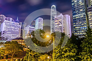 Details of business buildings at night in Hong Kong