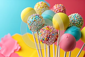 details with cake pops with selective focus. Close-up of ice cream against pink background. Cake pop - Various colors with color