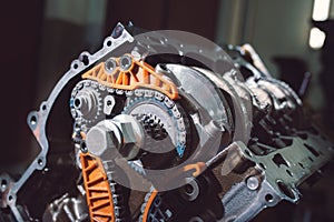 Details of a car engine close-up in a garage