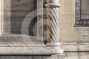 Details of carved stone of a Europe church stone wall under brig