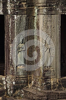 Details of carving in ancient Bayon Temple in Angkor Wat, Siem Reap, Cambodia