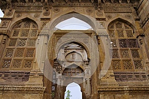 Details of carvings on the outer wall of Jami Masjid , UNESCO protected Champaner - Pavagadh Archaeological Park, Gujarat, India