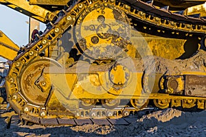 Details of a caterpillar tire of a bulldozer, ground moving industry, groundwork equipment