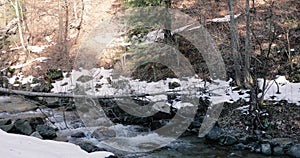 Details with the clear water of a running mountain stream during a cold and sunny winter day