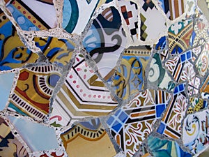 Details of a Colorful Ceramic Bench at Park Guell Designed by Antoni Gaudi, Barcelona, Spain.