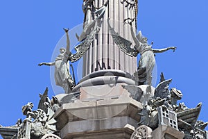 Details of Columbus Monument, Barcelona, Spain. Bronze statue  sculpted by Rafael Atche, situated on top of a 40-meter Corinthian