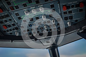 Details of a commercial airliner airplane cockpit