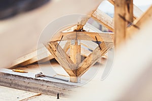 Details at construction site, close up of timber structure and roof system