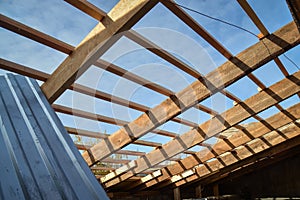 Details of construction wooden roof, roofing timber structure system.